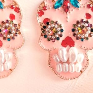 Catherine Malandrino-Embellished-Crystals & Pearls-Enameled Skull Dress Earrings